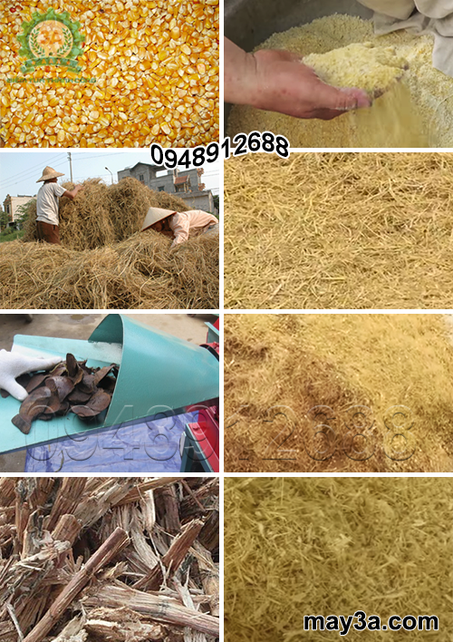 Các nguyên liệu được nghiền nhỏ với Máy băm nghiền ngô, vỏ dừa, rơm, bã mía 3A3Kw