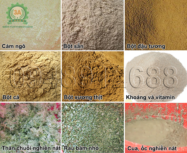 Một số nguyên liệu của Máy trộn thức ăn cho gà 1 pha 3A3Kw