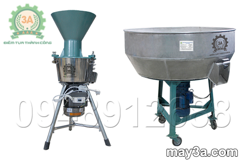 Nuôi lợn bằng giun quế - Hình ảnh máy băm nghiền đa năng phễu tròn (bên trái), máy trộn thức ăn chăn nuôi (bên phải)