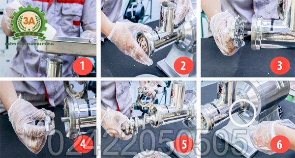 Các bước tháo Máy xay thịt inox 3A1,3Kw để vệ sinh