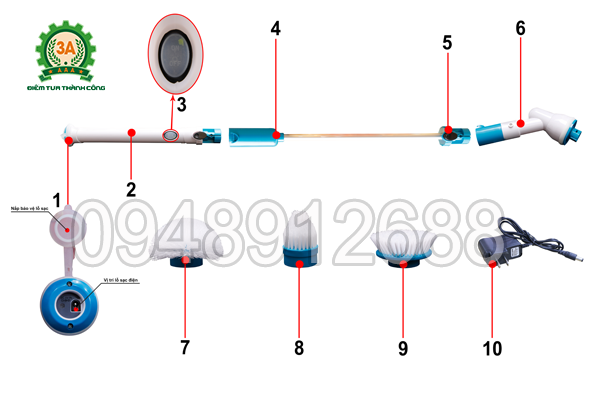 Các chi tiết của chổi cọ rửa vệ sinh đa năng 3A (sử dụng pin sạc)
