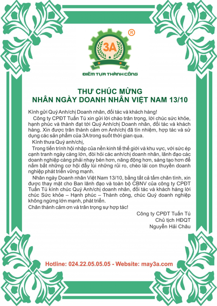 Thư chúc mừng nhân ngày doanh nhân Việt Nam 13 10 2019 Máy 3A Thiết