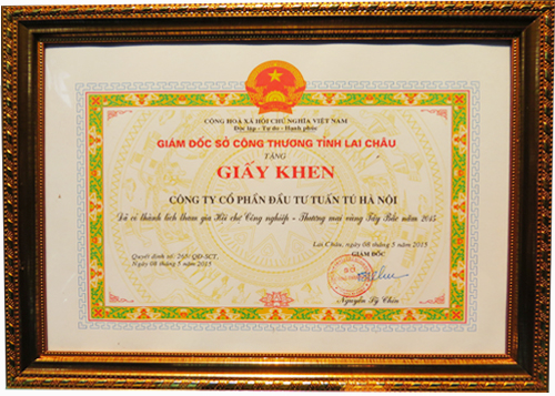 Bằng khen của Giám đốc sở công thương tỉnh Lai Châu tặng cho Công ty CP Đầu Tư Tuấn Tú
