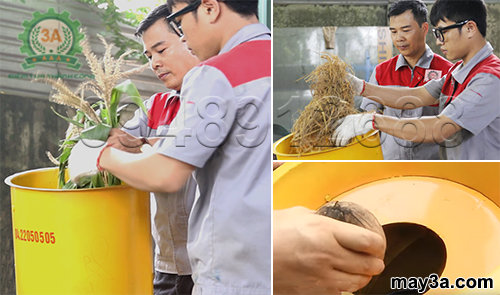 Nhà sáng chế Nguyễn hải châu và kỹ thuật viên của Công ty đang sử dụng Máy băm vỏ dừa, rơm rạ, cỏ voi 3A4Kw