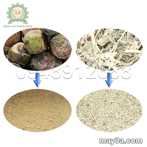 Sản phẩm vỏ dừa, bã mía trước và sau khi băm bằng Máy băm vỏ dừa 3A4Kw - Nhà sáng chế Nguyễn Hải Châu