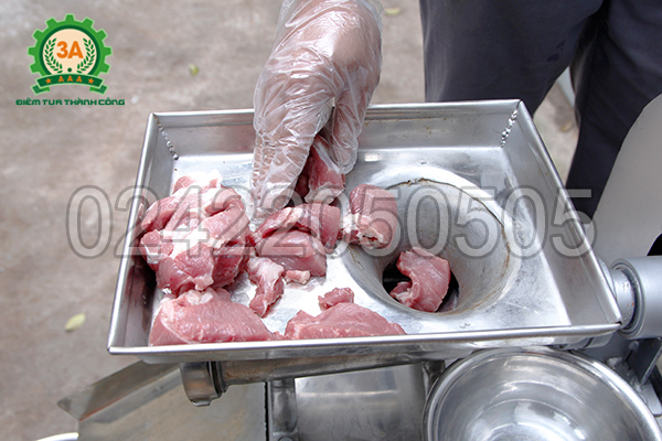 Cho thịt đã thái vào phễu nạp của máy nghiền thịt inox 3A2,2Kw
