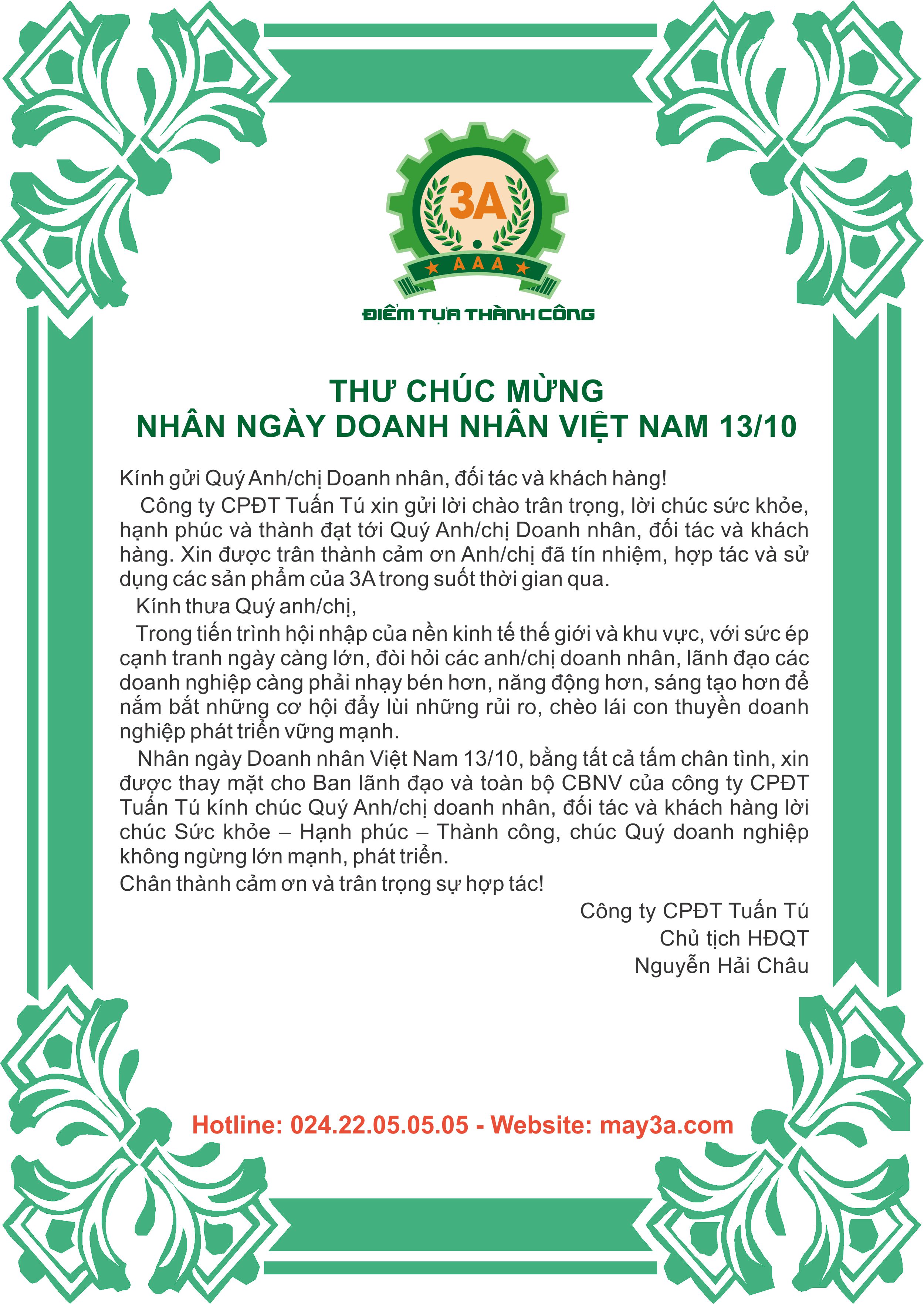 Thư chúc mừng ngày doanh nhân 13/10/2018 - Chủ tịch HĐQT Nguyễn Hải Châu