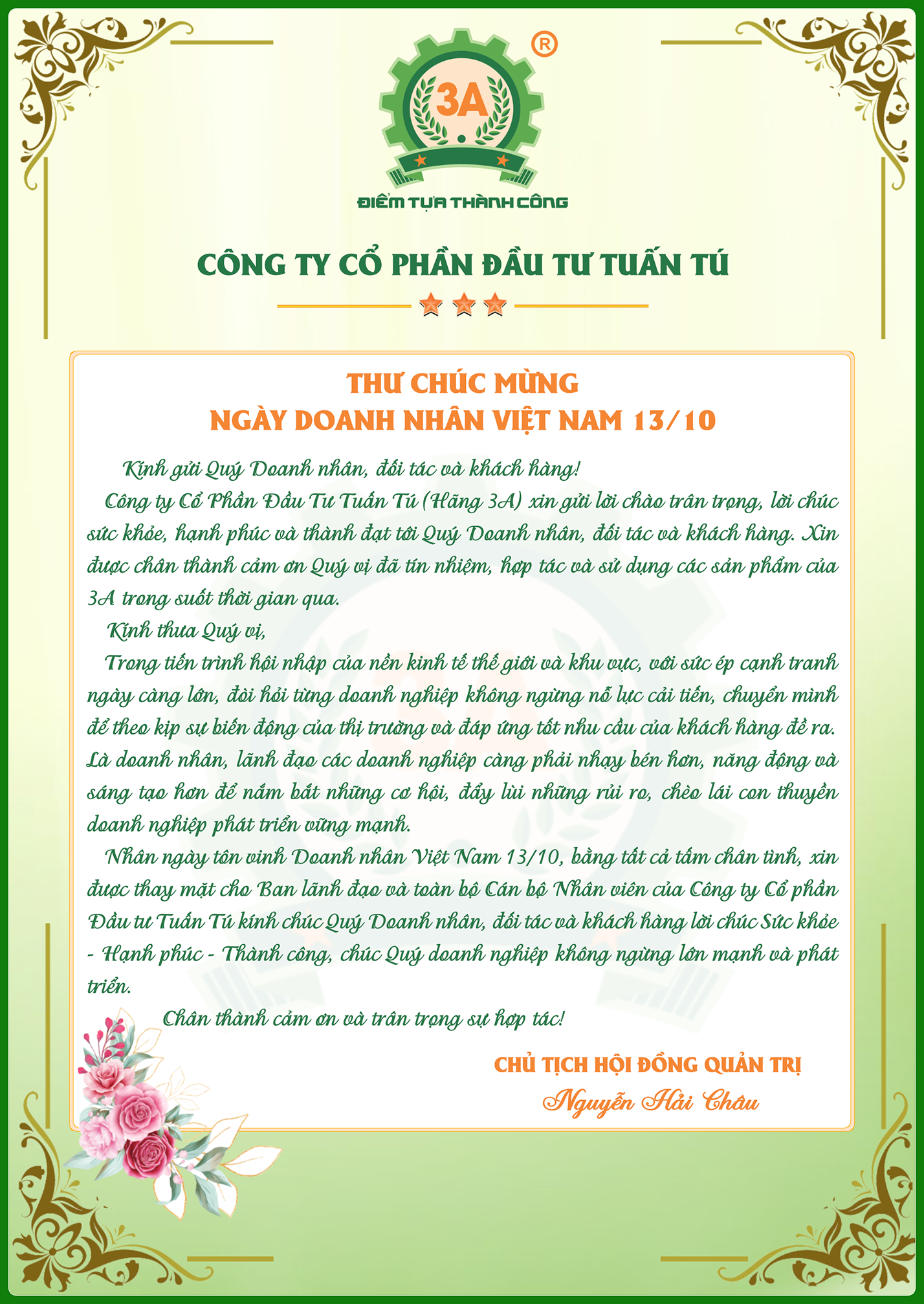 Thư chúc mừng ngày doanh nhân Việt Nam 13/10/2020