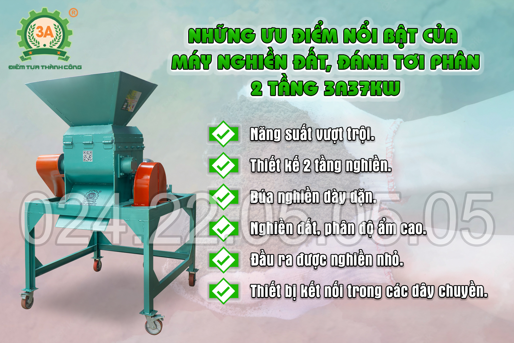 Ưu điểm nổi bật của máy nghiền đất, đánh tơi phân 2 tầng 3A37kW