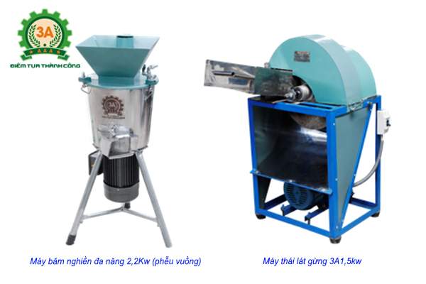 Máy băm nghiền đa năng 2,2Kw (phễu vuông) và máy thái lát gừng 3A1,5Kw