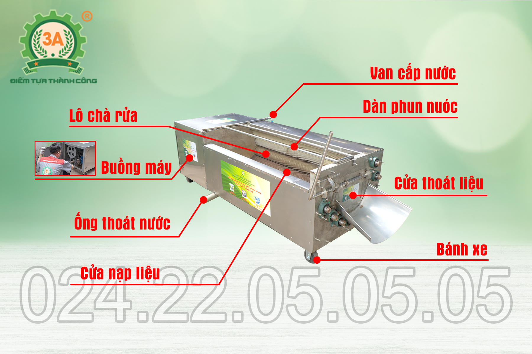 Cấu tạo của Máy rửa và chà vỏ củ quả 3A3kW