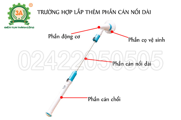 Cấu tạo chổi cọ rửa vệ sinh đa năng 3A (sử dụng pin sạc) (khi lắp thêm cán nối dài)