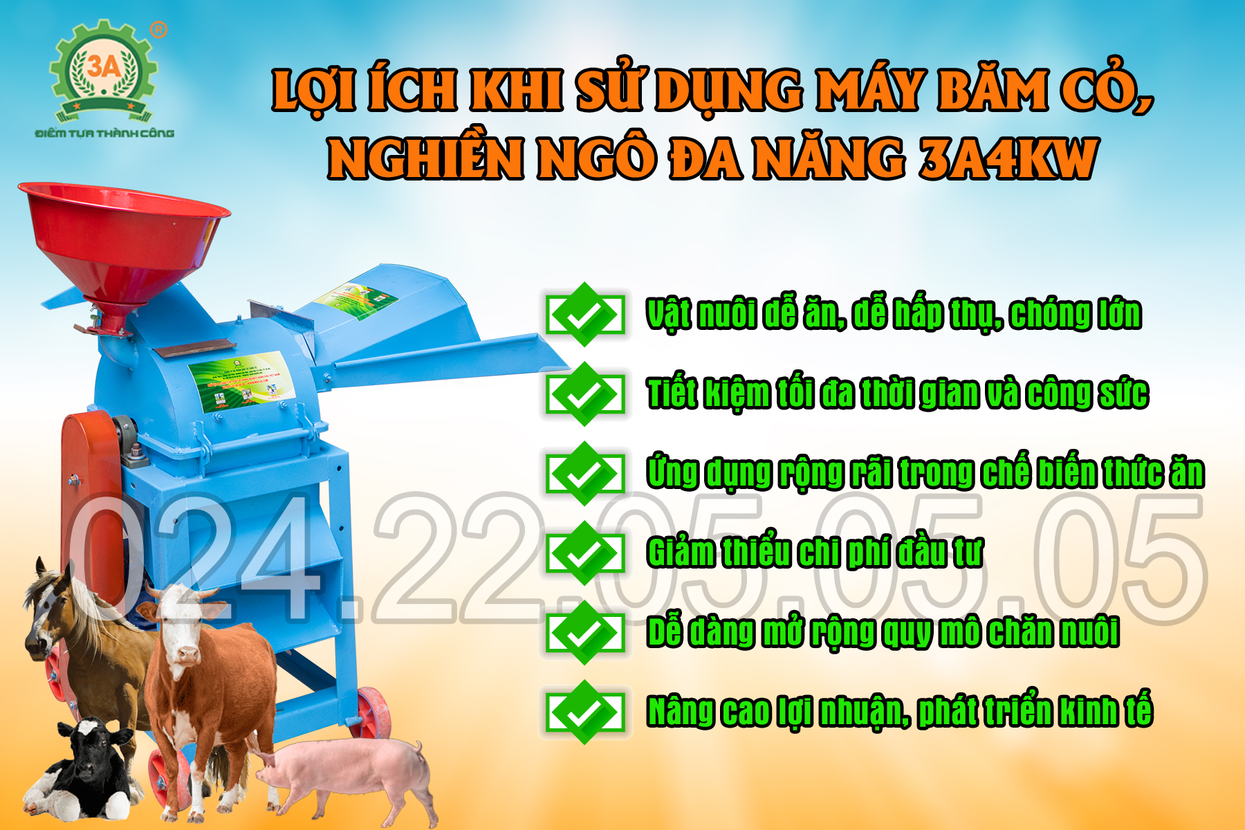 Lợi ích cua Máy băm cỏ, nghiền ngô đa năng 3A4kW