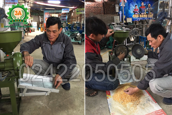 Chú Thình cùng kỹ thuật viên của công ty chạy thử máy đập ngô vỡ mảnh 3A2,2Kw