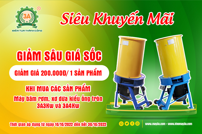 Khuyến mãi Máy băm rơm, xơ dừa kiểu ống tròn 3A3Kw & 3A4Kw: