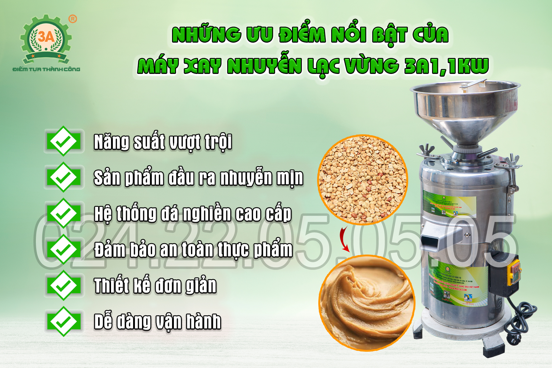 ưu điểm nổi bật của Máy xay nhuyễn lạc vừng 3A1,1kW