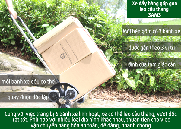 Xe đẩy hàng gấp gọn leo cầu thang 3AM3 di chuyển tốt trên nhiều địa hình