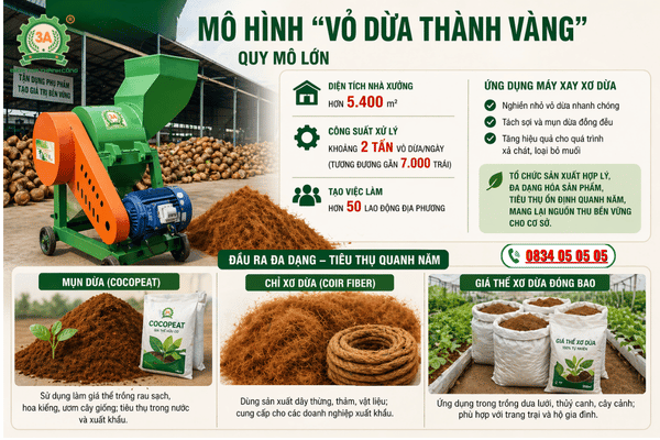 Máy Nghiền Xơ Dừa: Case Thực Tế Biến Vỏ Dừa Thành Giá Thể Sạch Bán Quanh Năm
