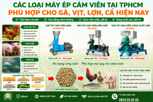 Các loại máy ép cám viên phù hợp cho gà, vịt, lợn, cá hiện nay