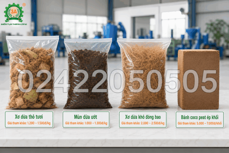 Các sản phẩm đầu ra từ vỏ dừa: xơ thô, mùn dừa ướt, coco peat khô, bánh ép