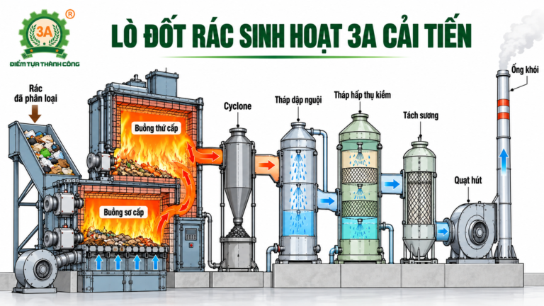 Công nghệ lò đốt rác 3A cải tiến 100–200 kg/h: Nguyên lý, sơ đồ và hệ thống xử lý khí thải